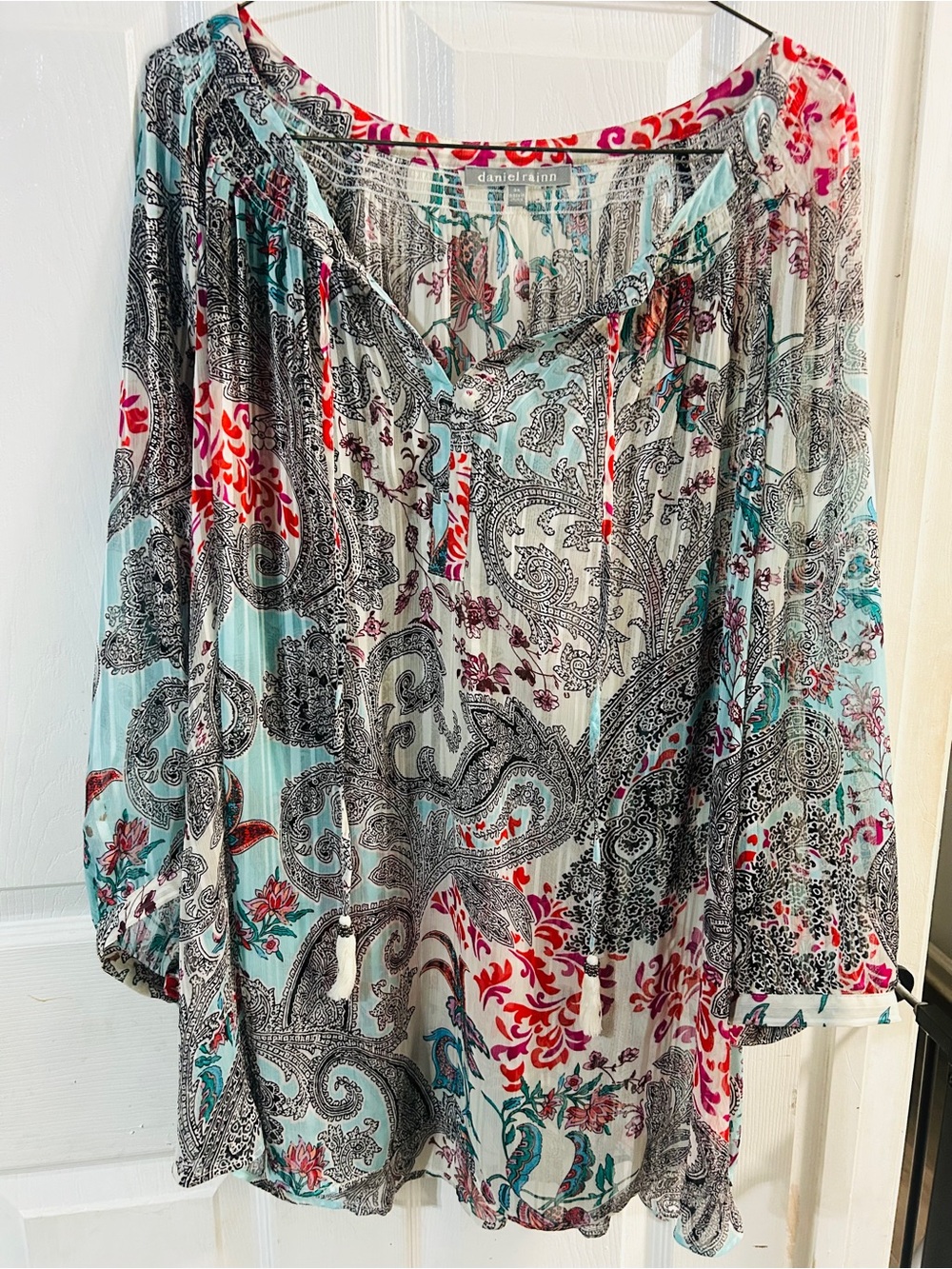 daniel rainn Turquoise and Red sheer Paisley Peasant Tunic
